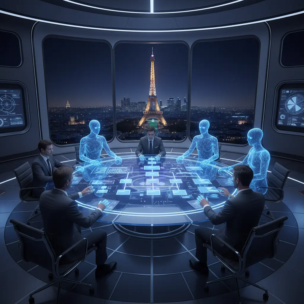 Réunion de dirigeants avec agents IA holographiques à Paris — IA Agentique 2026